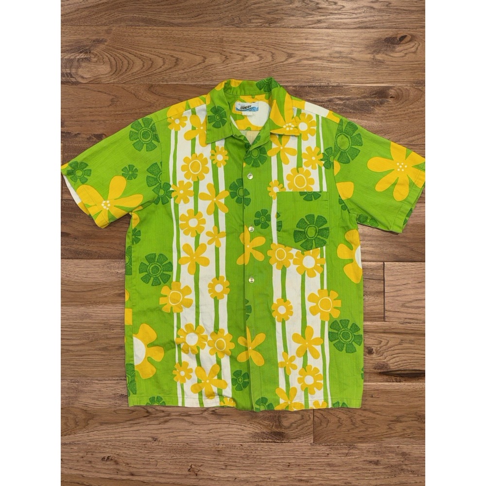 Vintage Penneys Hawaii Barkcloth Shirt Mens Green Yellow White Hibiscus 60/70s